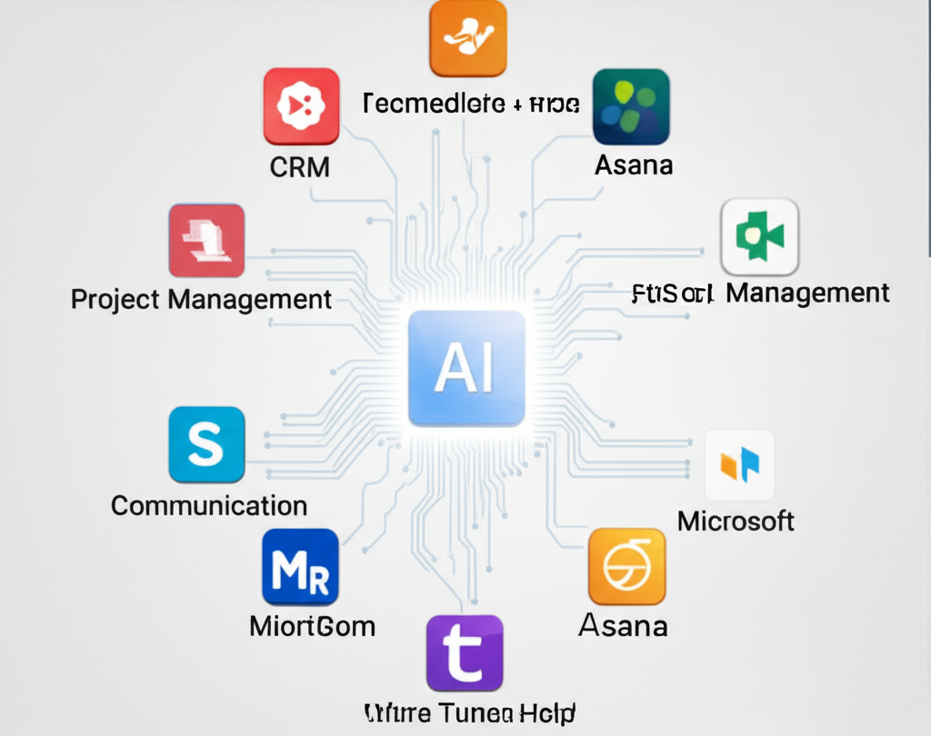 AI tool seamlessly integrating with CRM, project management, and communication platforms via APIs and pre-built connectors for unified workflows