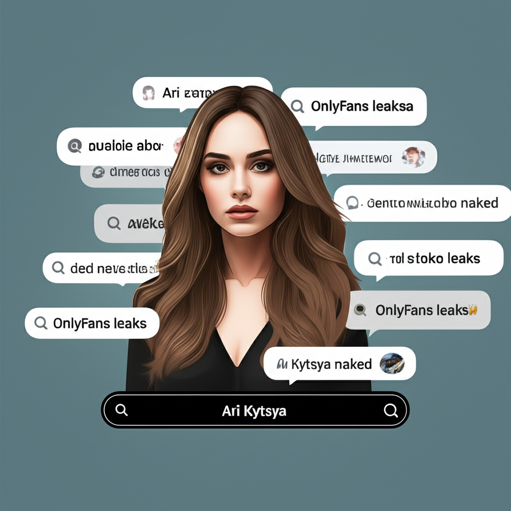 Illustration of influencer Ari Kytsya surrounded by online discussion bubbles and search queries for Ari Kytsya naked and OnlyFans leaks, symbolizing digital speculation