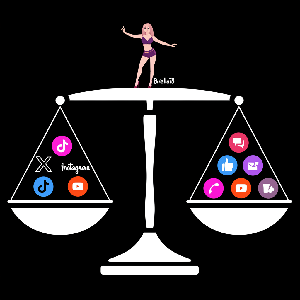 Illustration depicting Briella78 balancing mainstream social media like X, Instagram, and TikTok alongside adult content sites, showcasing her expansive digital footprint and audience engagement