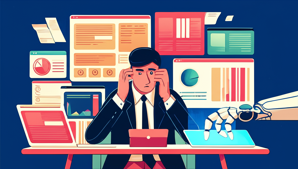 Illustration of a person overwhelmed by content demands with digital screens and a glowing AI hand offering assistance, symbolizing efficiency in a fast-paced digital landscape