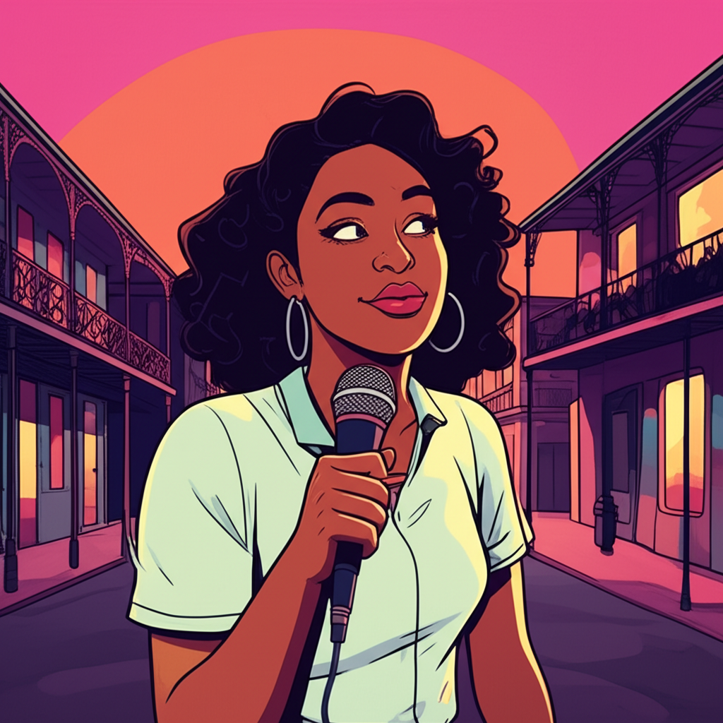 Young Jessica Williams in New Orleans dreaming of comedy, performing stand-up in a Hollywood club with a microphone, honing her fearless style