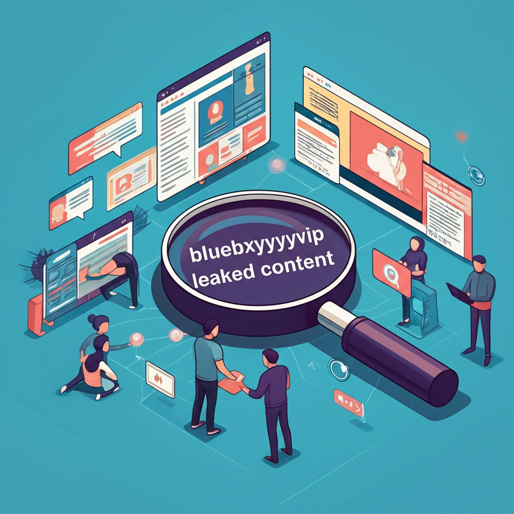 Digital landscape illustration showing a magnifying glass searching for bluebxbyyyvip leaked content, with creators building communities and facing challenges of unauthorized sharing and digital privacy violations