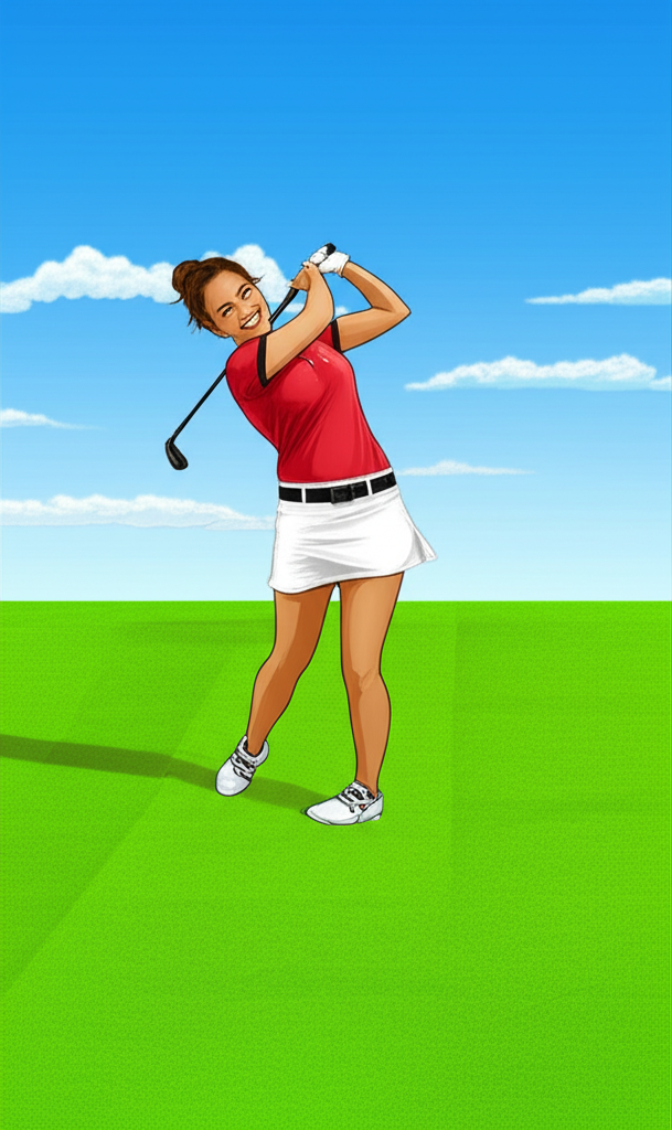 Grace Charis confidently swinging a golf club on a vibrant green course under a clear blue sky with a determined smile