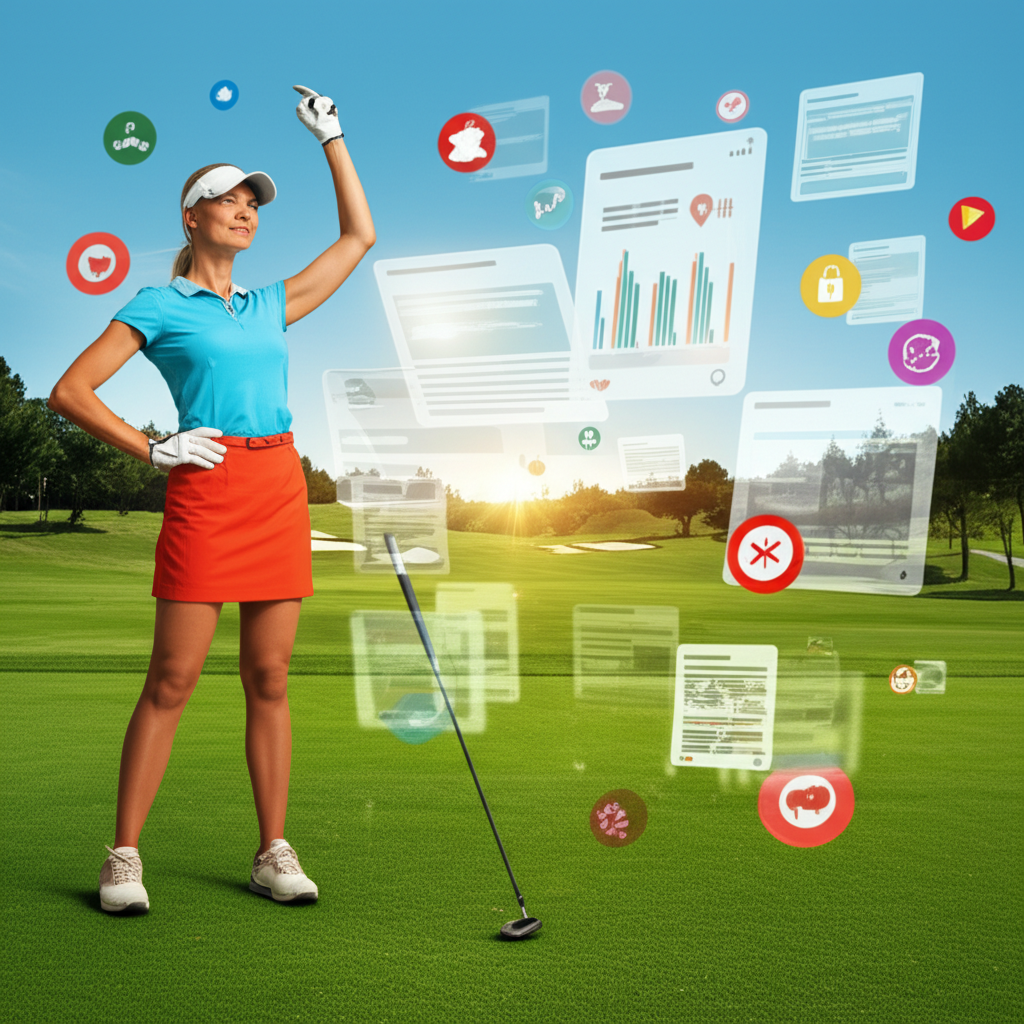 Golf influencer surrounded by digital screens and viral content symbols representing public attention and privacy concerns in the social media era