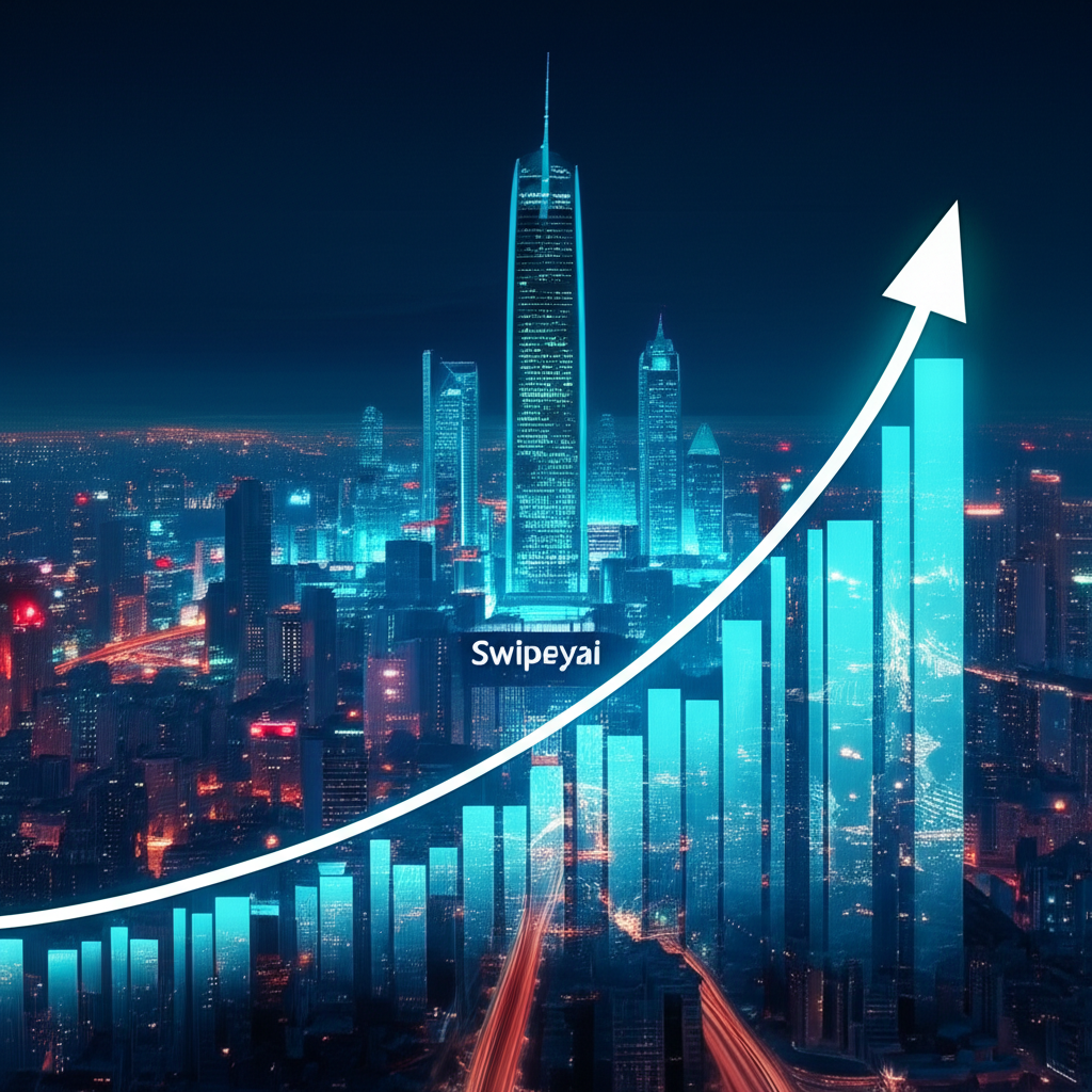 Illustration of AI growth charts rising to a future skyline with swipey.ai as the central platform connecting industries