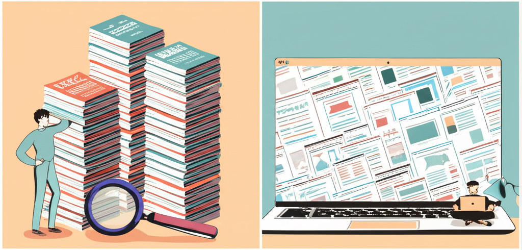 Person in library buried in product brochures during manual research