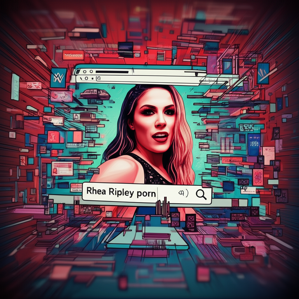User searching for 'Rhea Ripley porn' surrounded by digital chaos showing blurred lines between real and fake content, illustration style