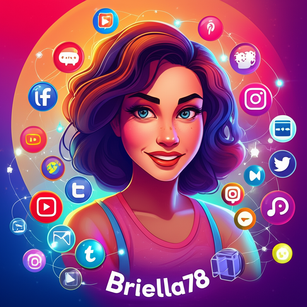 Illustration of Briella78 as a multifaceted online personality surrounded by icons of various digital platforms, highlighting her diverse content creation in the interconnected online landscape