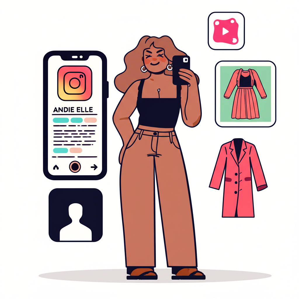 Illustration of Andie Elle's early brand-building on Instagram and TikTok with lifestyle, fashion, and comedy content drawing crowds