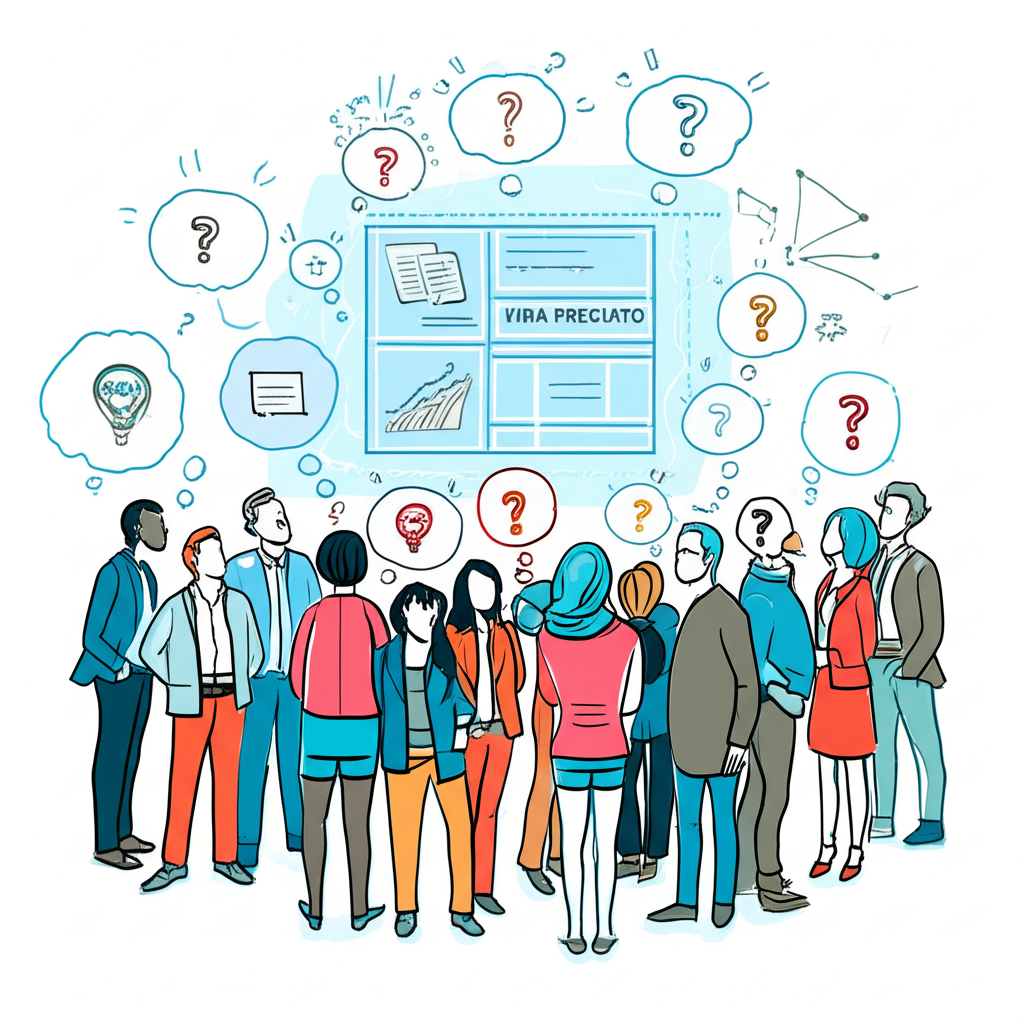 Group of diverse people discussing with thought bubbles and holographic projection of Kira Pregiato elements, representing public speculation and questions