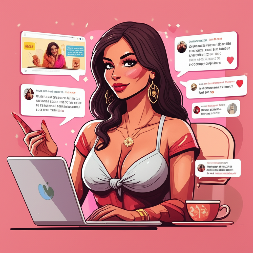 IndianaMILF engaging with fans online, showcasing cultural fusion and digital interaction through content bubbles and audience comments