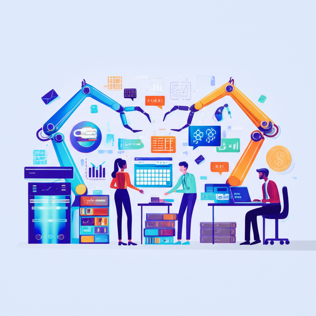 AI-powered automation in action, with digital assistants managing routine tasks while employees engage in strategic planning and creative projects