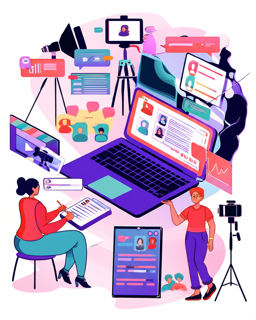 Illustration showing a vibrant creator economy with individuals creating various content types like videos blogs and social media posts surrounded by digital tools and engaged audiences