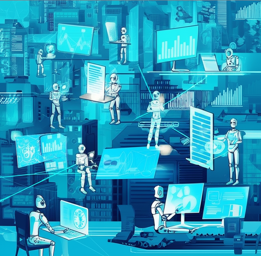 Digital cityscape with AI robots generating articles, optimizing SEO, and summarizing text, representing the diverse AI writing assistant market