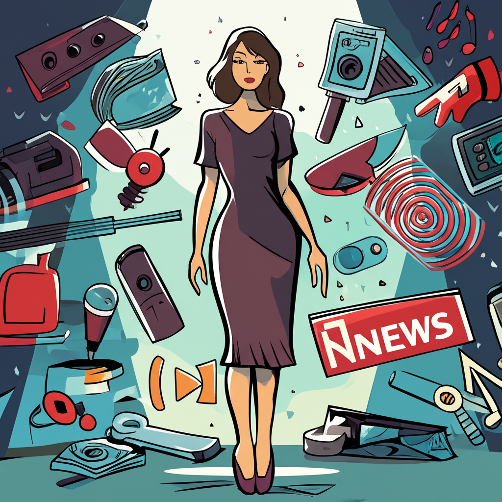 Julia Filippo under spotlight with media symbols representing public scrutiny