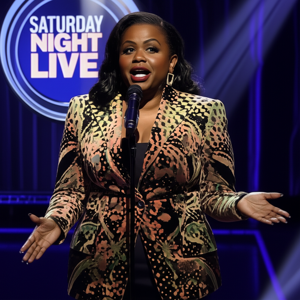 Punkie Johnson performing on stage with Saturday Night Live backdrop, spotlight highlighting her bold comedic presence