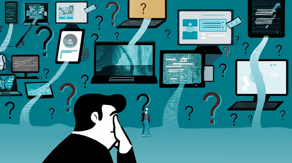 Digital landscape overwhelmed by AI-generated text with question marks symbolizing authenticity concerns