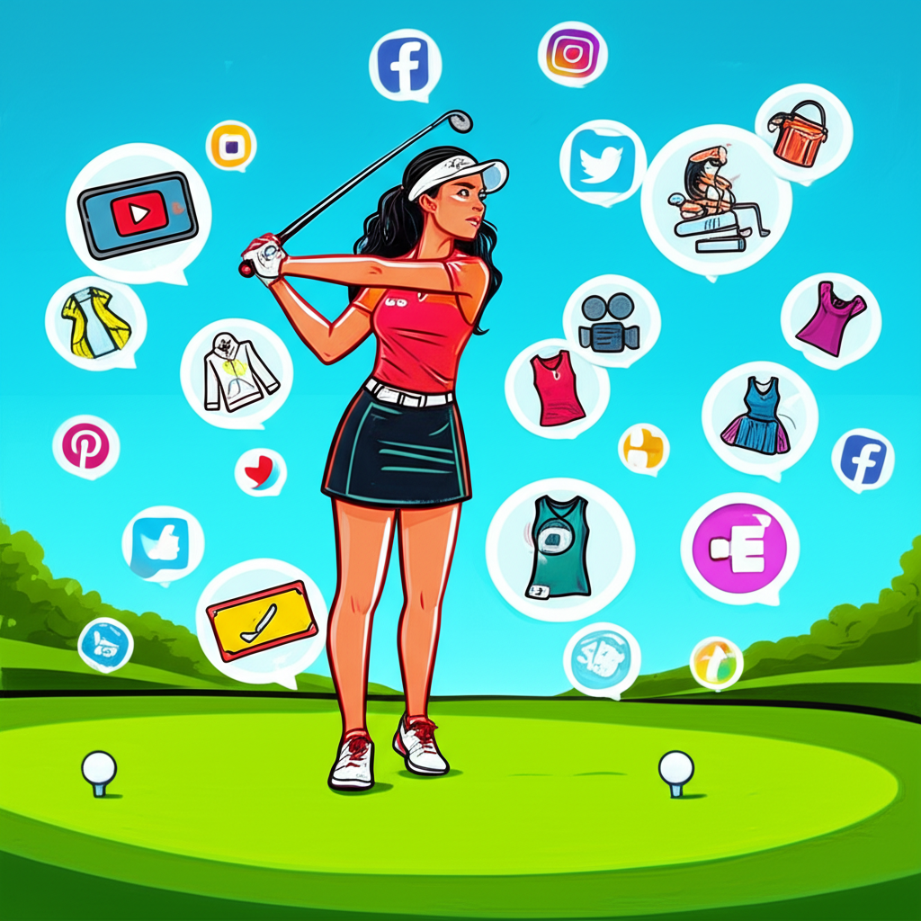 Grace Charis swinging golf club with social media bubbles and lifestyle elements