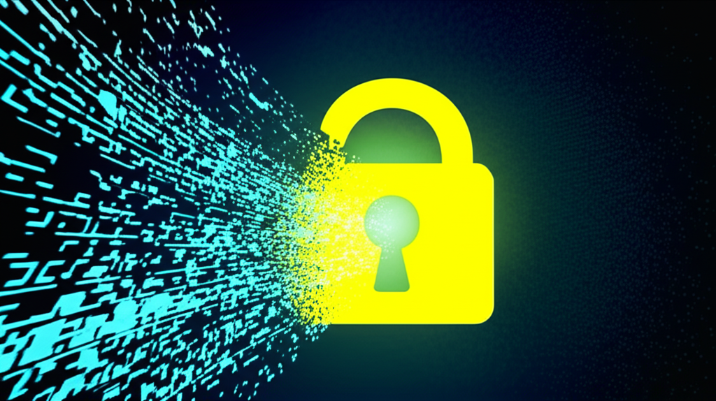 Digital data fragments swirling around a breaking lock icon, illustrating information leaks and security breaches in the Kira Pregiato project