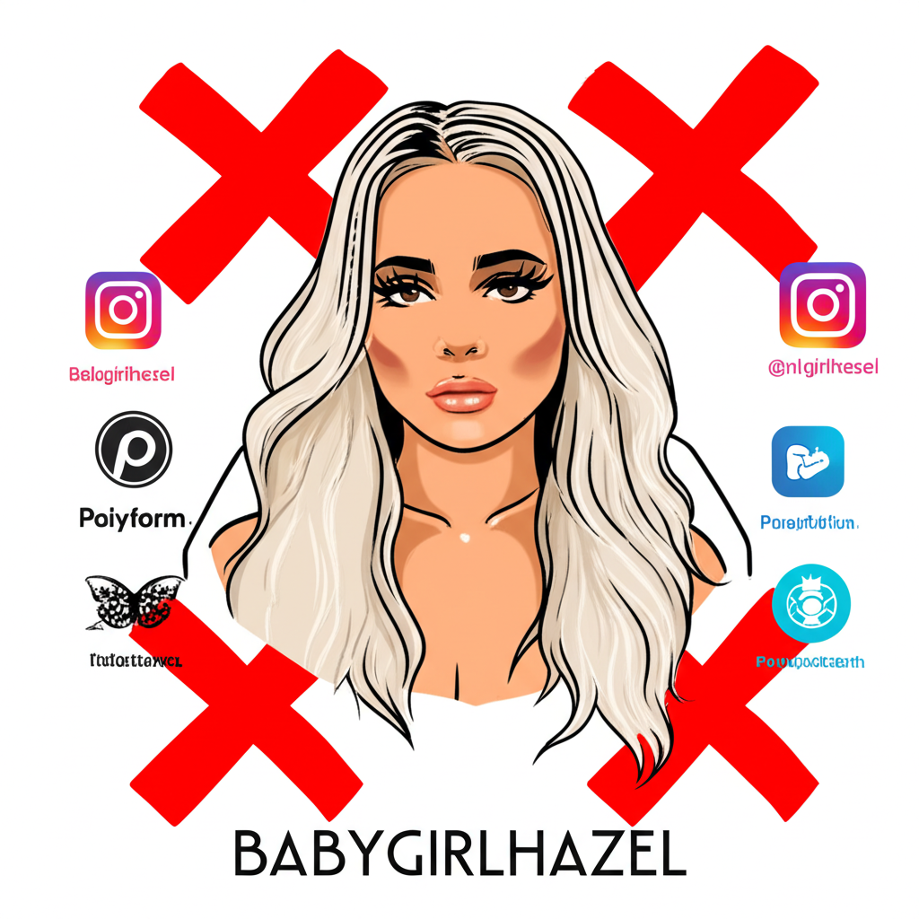 Illustration of Babygirlhazel as a popular online adult performer surrounded by platform icons guiding fans to official sources and away from scams