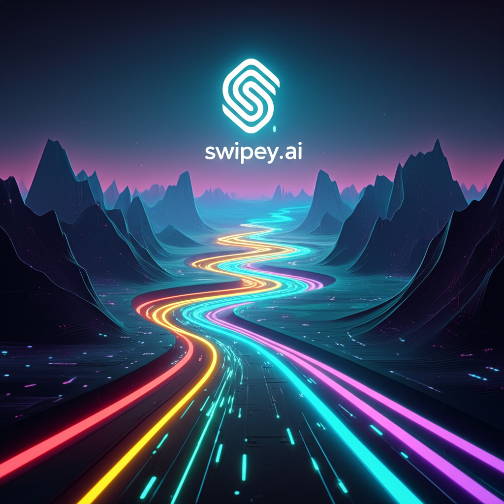Futuristic digital landscape with swipey.ai logo symbolizing AI content excellence