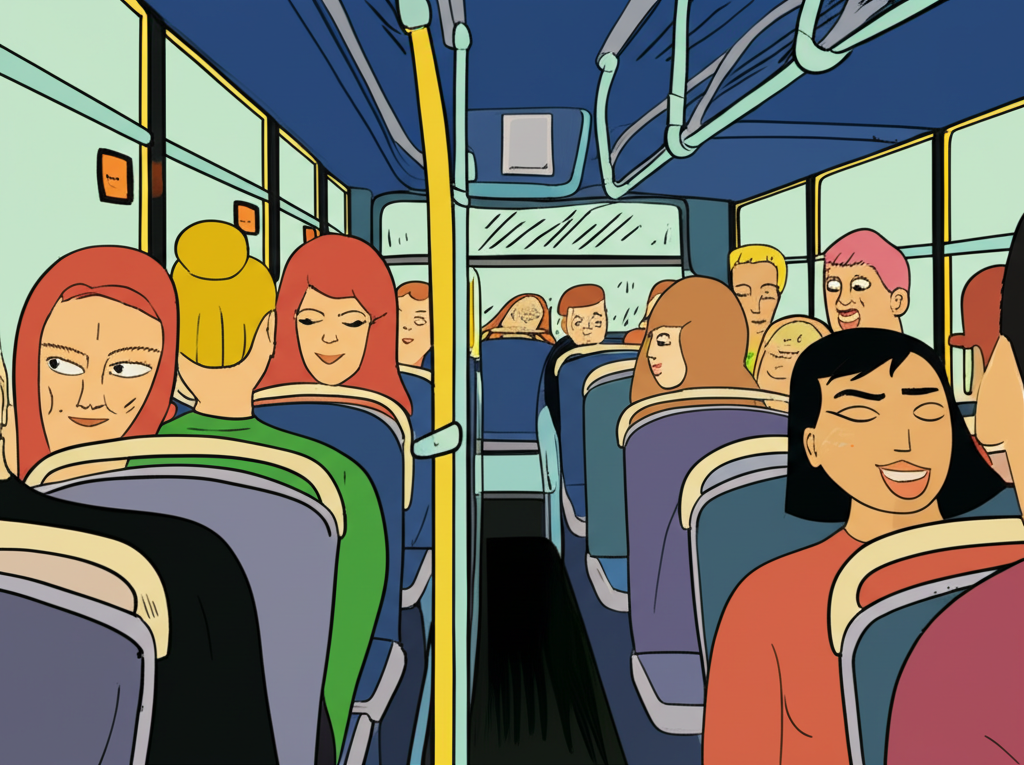 Dynamic interior of a moving party bus depicting lowered inhibitions and group explicit encounters in the fanbus xxx niche