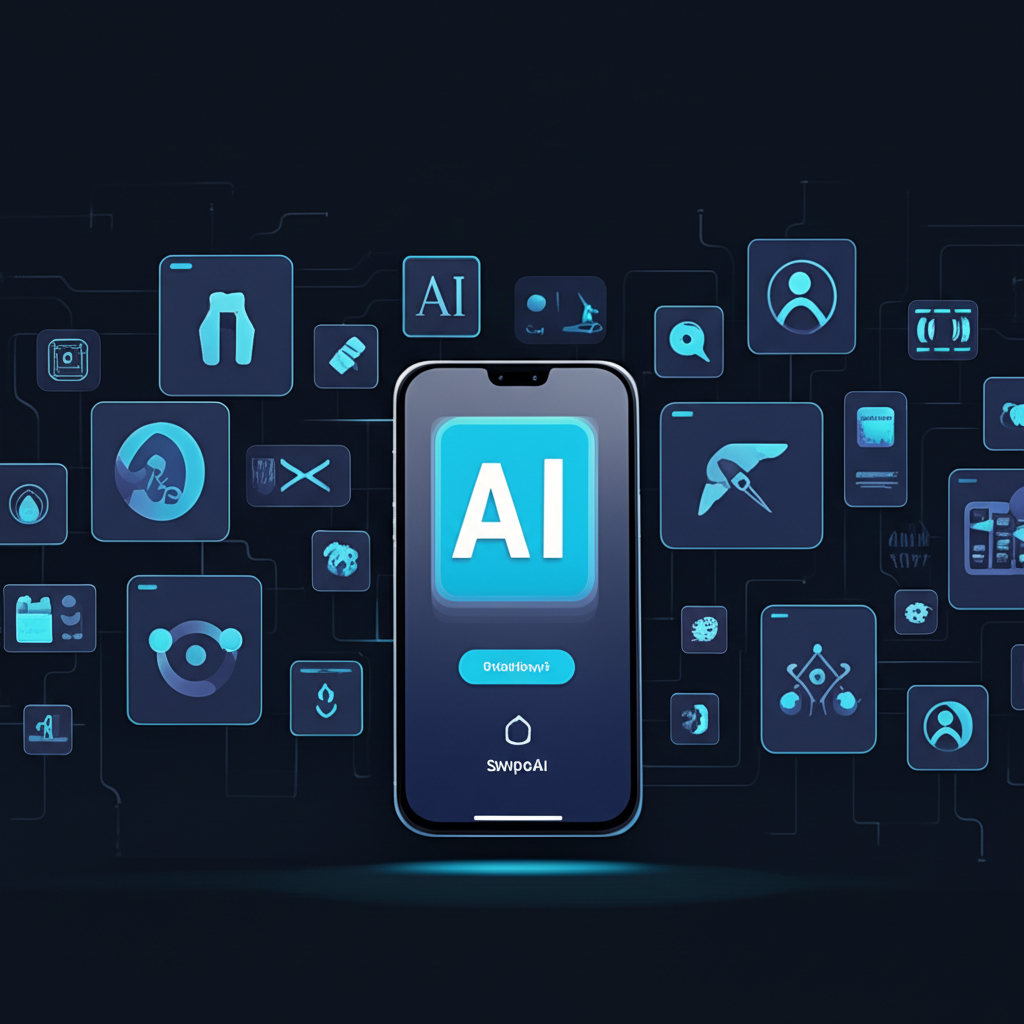 Illustration of diverse AI tools with icons and interfaces, contrasting generic and specialized options against a prominent swipey.ai hub