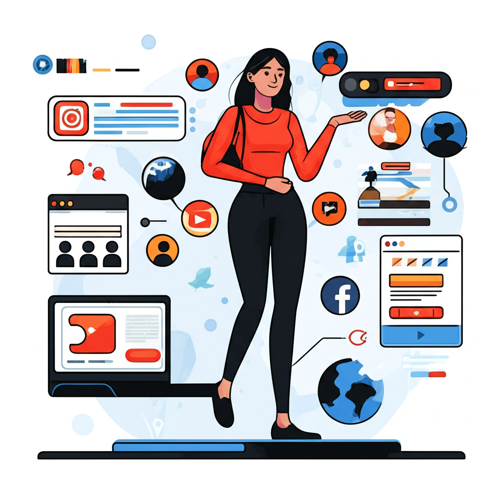 Illustration showing Marian Gomez rising as a digital creator on platforms with social media and subscription icons, emphasizing direct audience connection and brand building