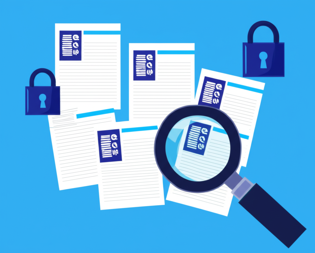 Magnifying glass inspecting scattered digital files with a partially broken padlock