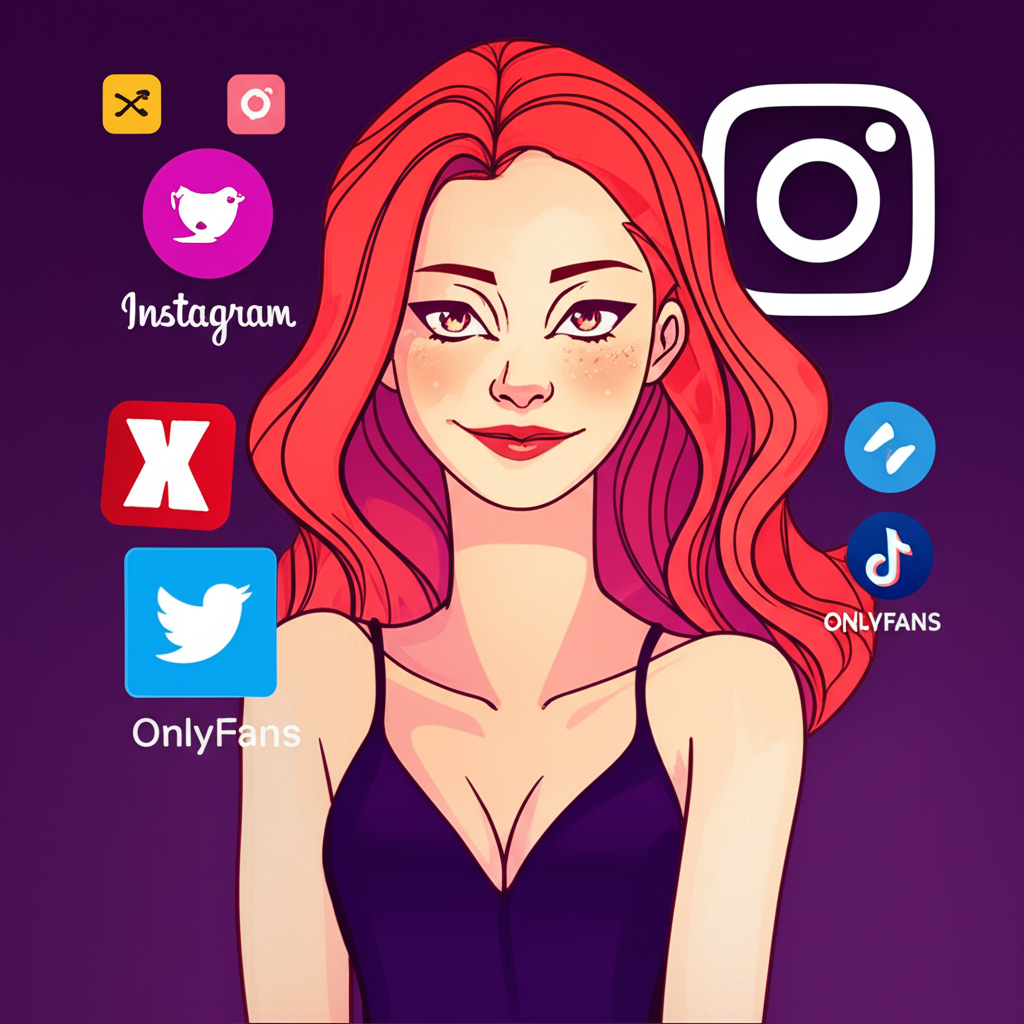 MsLunaRose as a prominent online content creator surrounded by social media icons like Instagram, X, and OnlyFans, illustrating her diverse role in the creator economy