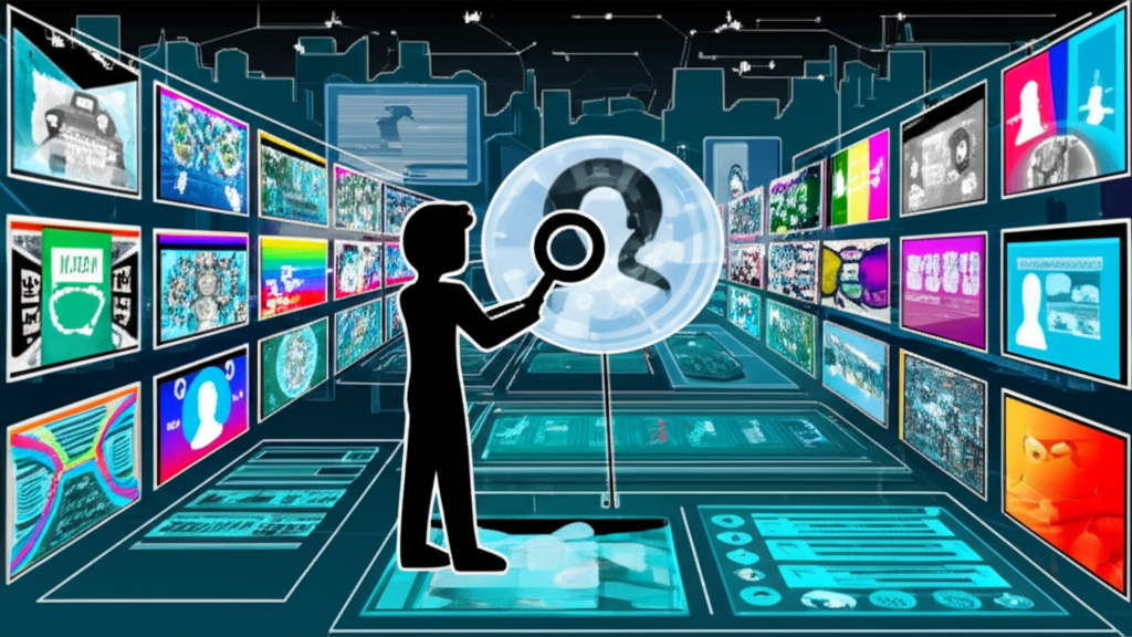 Illustration of user navigating digital platforms with magnifying glass over profile icon in futuristic cityscape