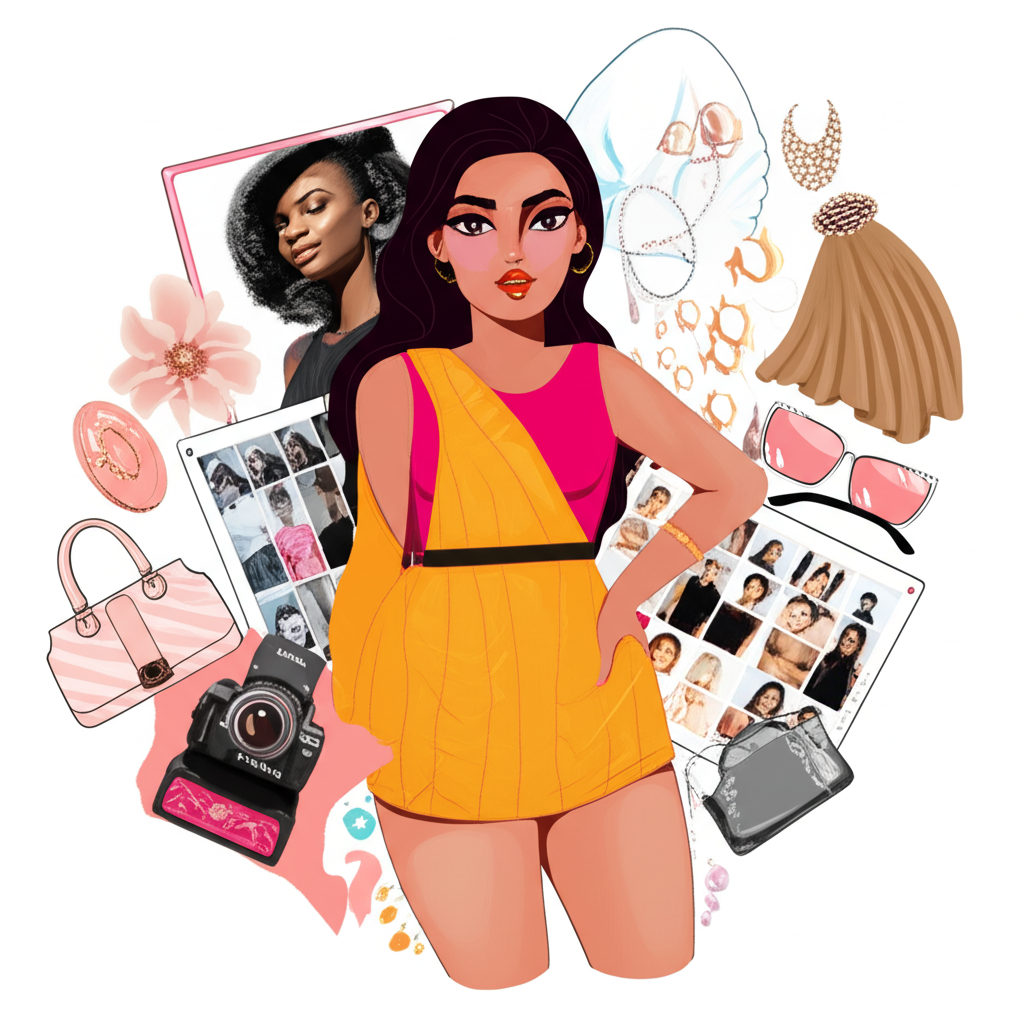 Illustration of Athena Pariss as a dynamic content creator influencer surrounded by elements of lifestyle fashion and modeling symbolizing her public persona and curated digital image