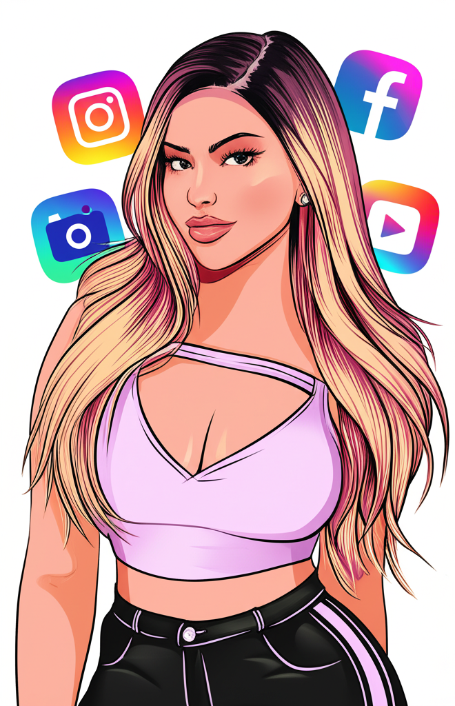 An illustration of Karely Ruiz as a prominent digital influencer captivating millions across social media platforms with her engaging presence on Instagram and exclusive OnlyFans content representing her viral online persona
