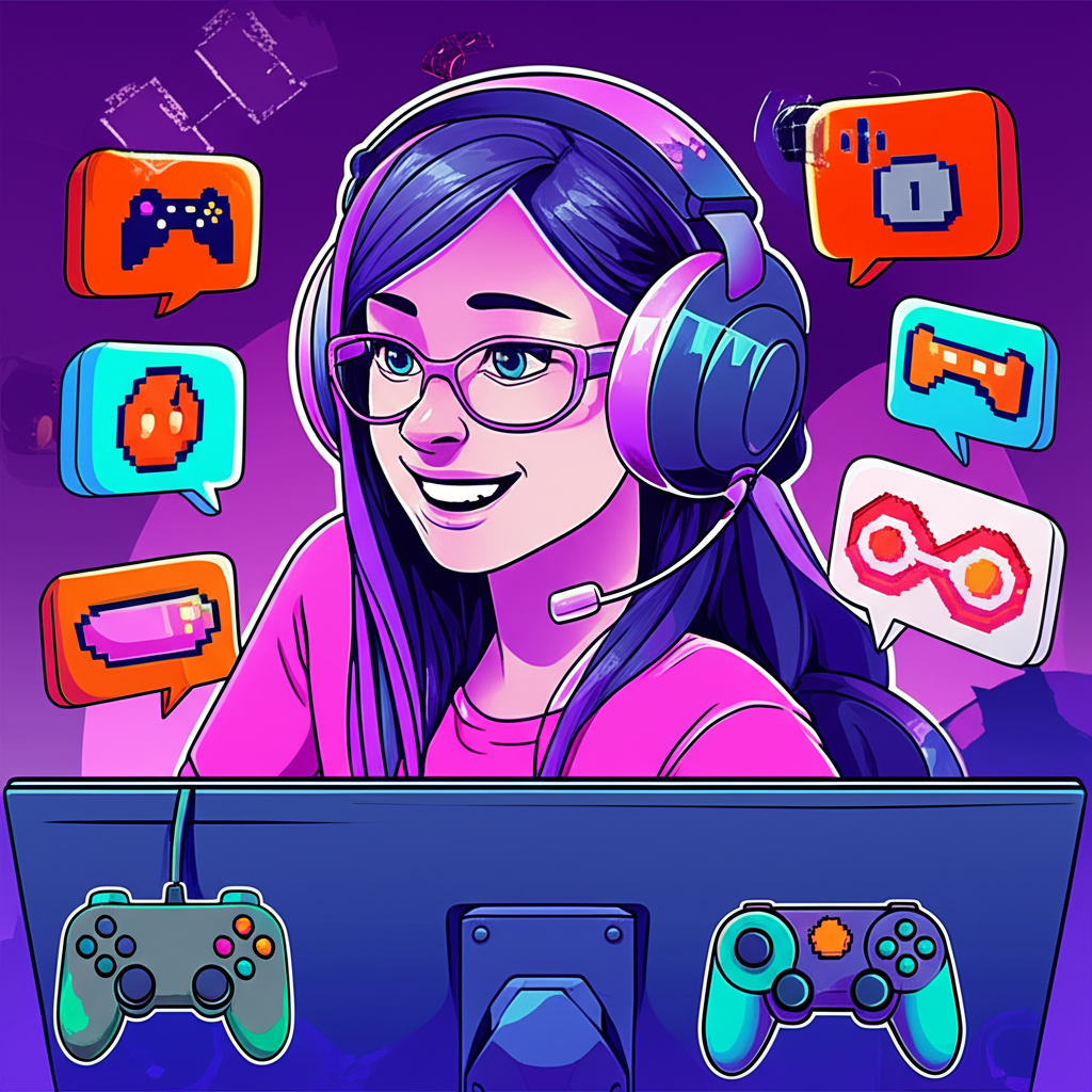 Twitch streamer with headset amid gaming elements and controversy shadows like a cat and camera