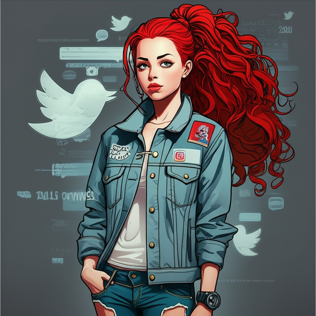 Young female rapper with red hair amid swirling social media icons and rumors