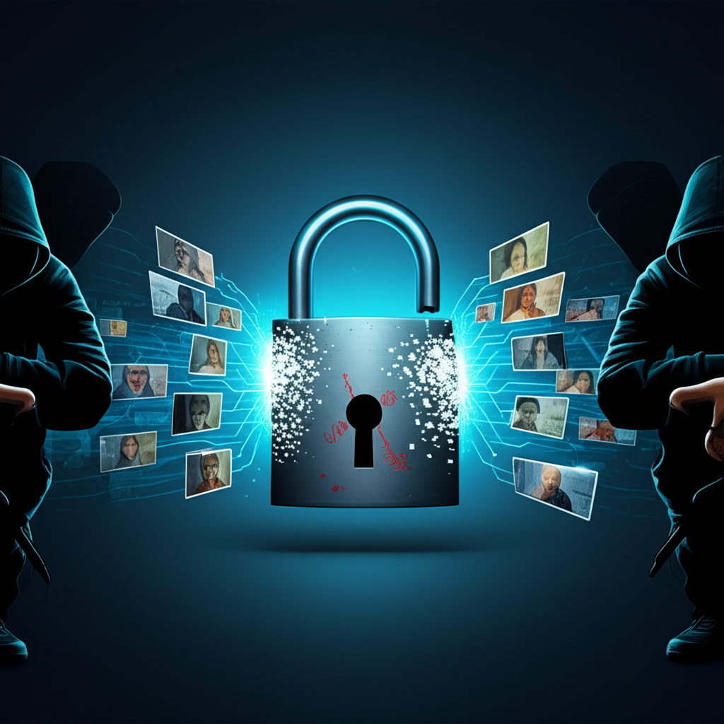 Illustration of a broken digital lock by shadowy hackers with scattered private content images highlighting privacy invasion and theft