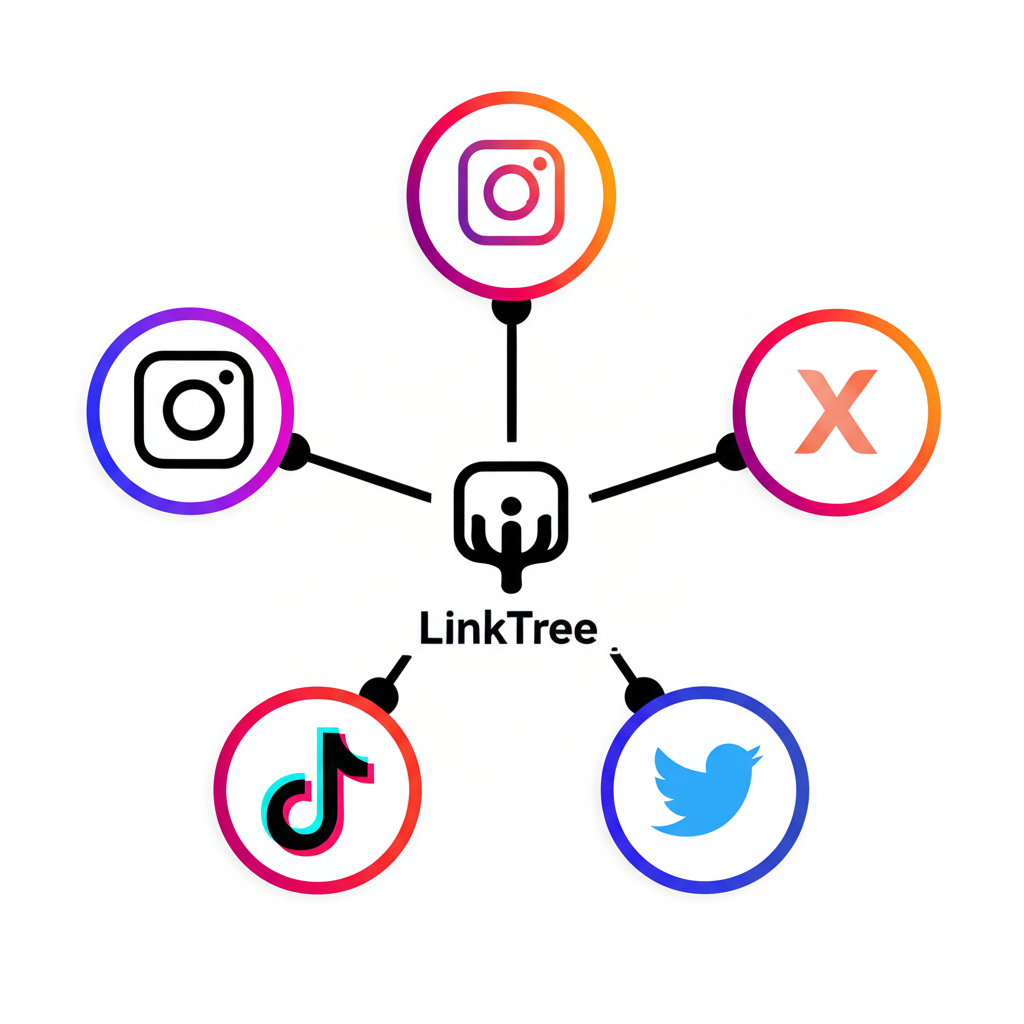 Illustration of a stylized Linktree icon acting as a central hub connecting to various social media platforms like Instagram TikTok and X representing Athena Pariss's centralized digital footprint