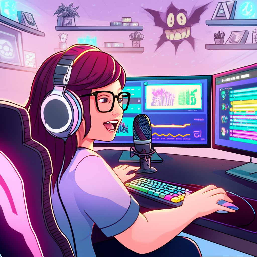 Bebahan as a Twitch streamer engaging with a diverse audience through gaming live sessions and relatable commentary building a loyal fanbase an illustration
