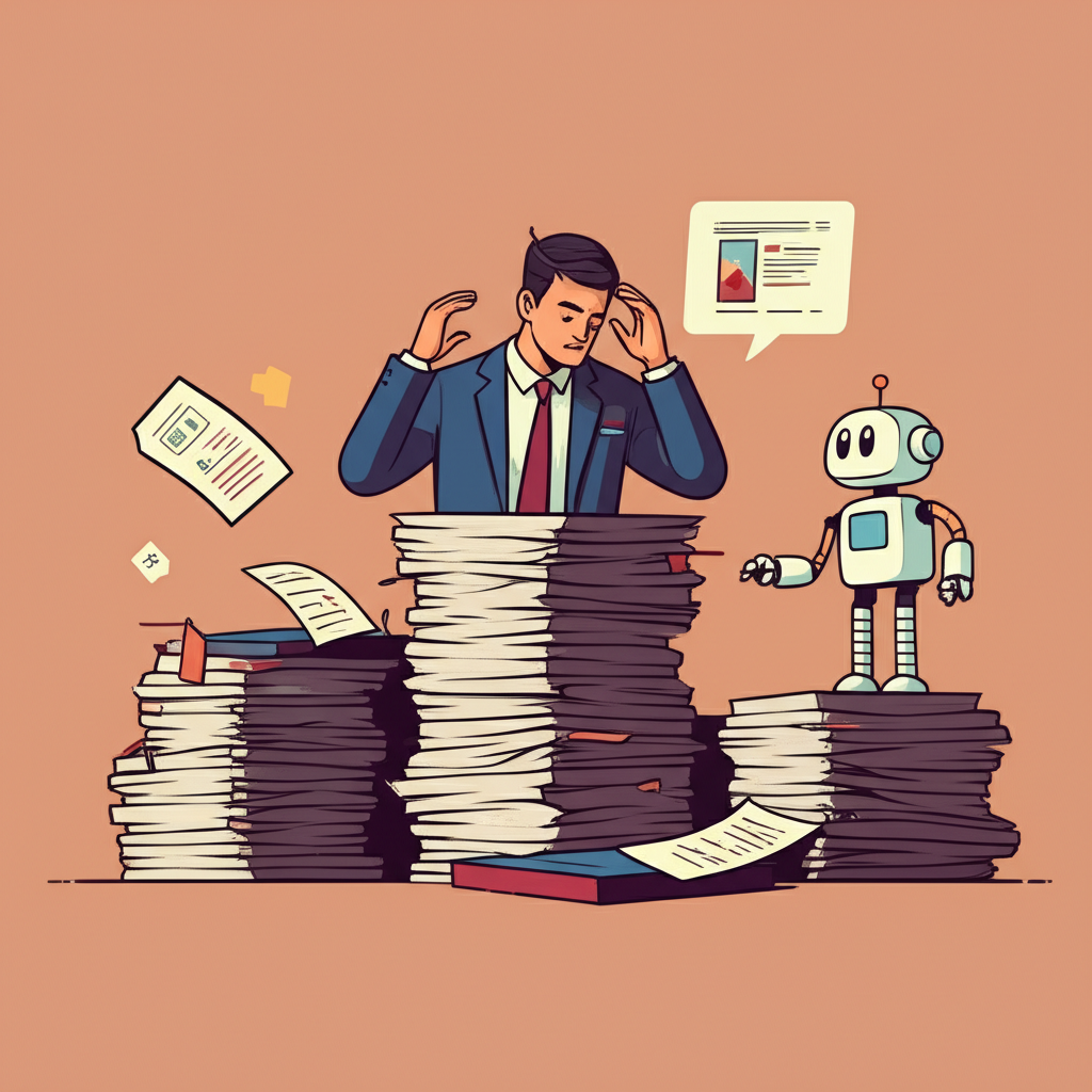 Business professional with content pile assisted by AI robot for scaling