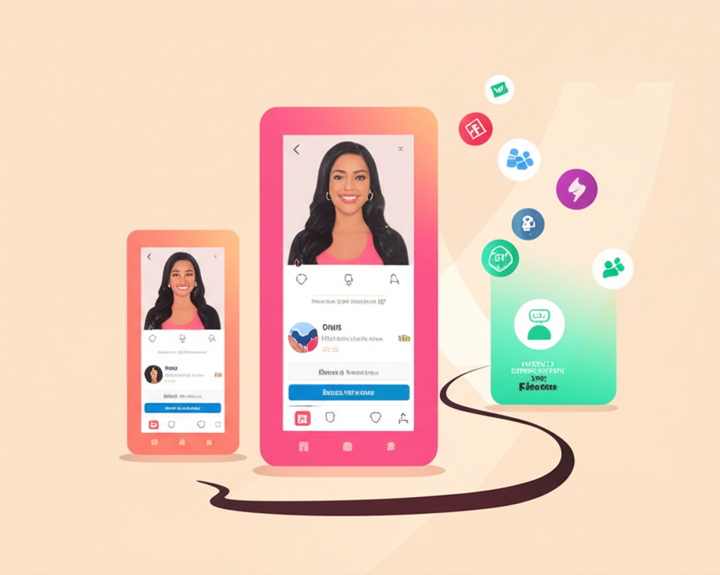 illustration depicting Adriana Olivarez's journey from early social media posts to becoming an online sensation with growing followers and a path leading to specialized content creation