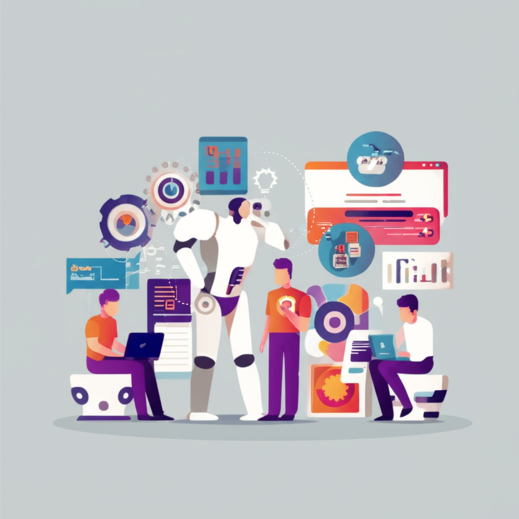 Human and AI robot collaborating seamlessly on content ideas, highlighting data analysis and text generation in a creative ecosystem