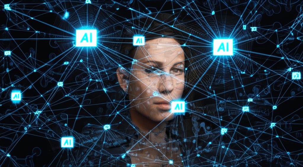 AI algorithms and machine learning symbols generating fake explicit videos of a public figure, showing the accessibility and danger of deepfake technology, illustration style