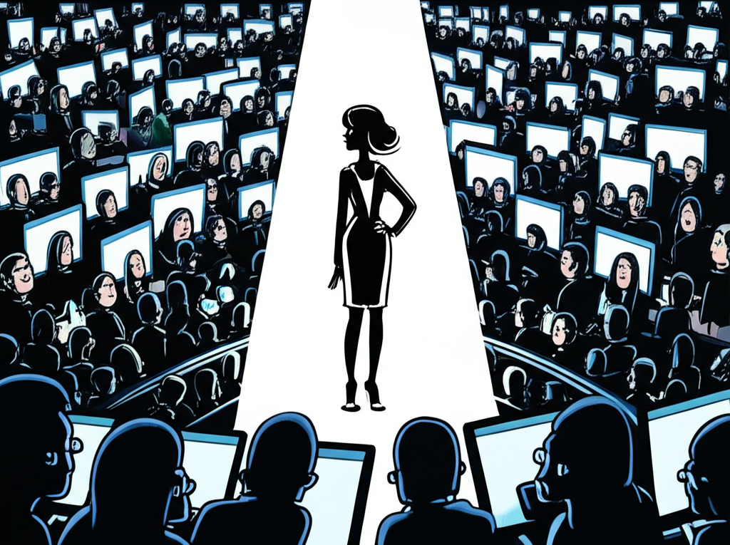 Spotlight on a stylized female figure representing a public persona, surrounded by smaller figures viewing screens symbolizing online attention