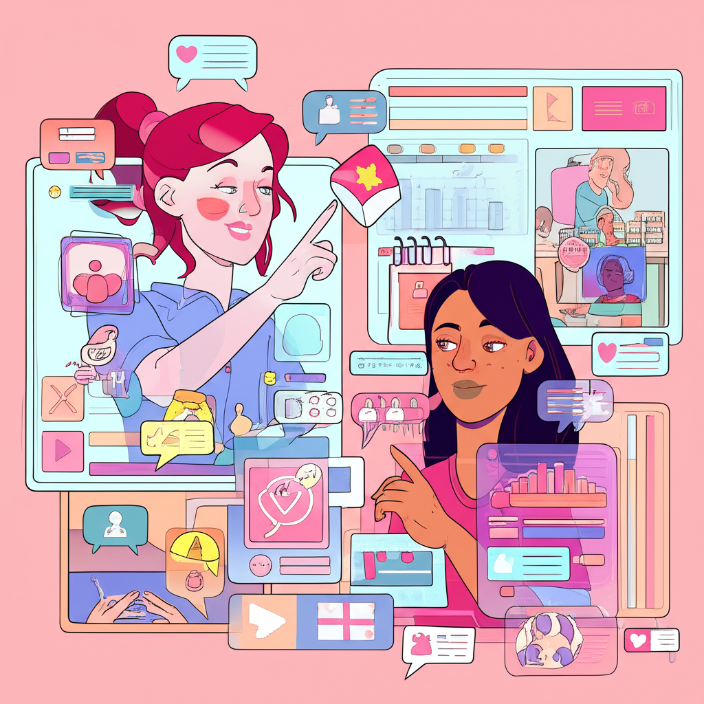 Two women Noemie and Lili collaborating creatively surrounded by digital screens and audience engagement, symbolizing their online content phenomenon captivating Western audiences