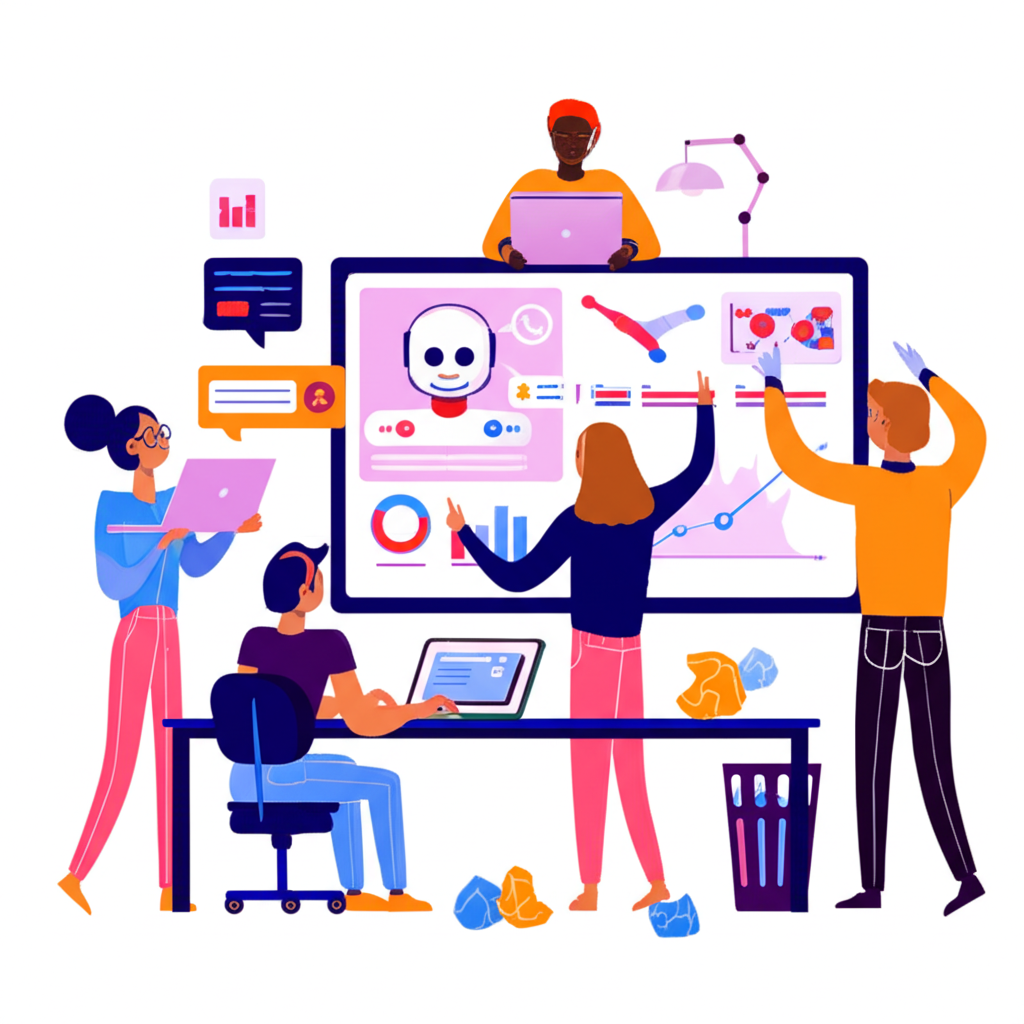 Diverse team of content creators collaborating with AI assistant to overcome writer's block and boost SEO