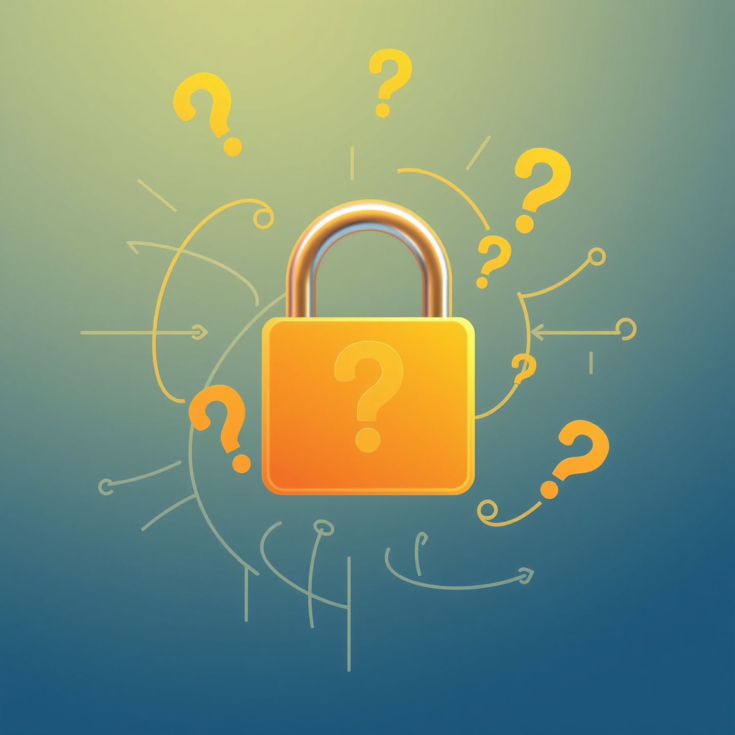 A digital security lock icon with question marks and swirling data streams around it representing the challenge of verifying online rumors and content leaks for a public figure like Sofia Gomez in a clear and responsible art style