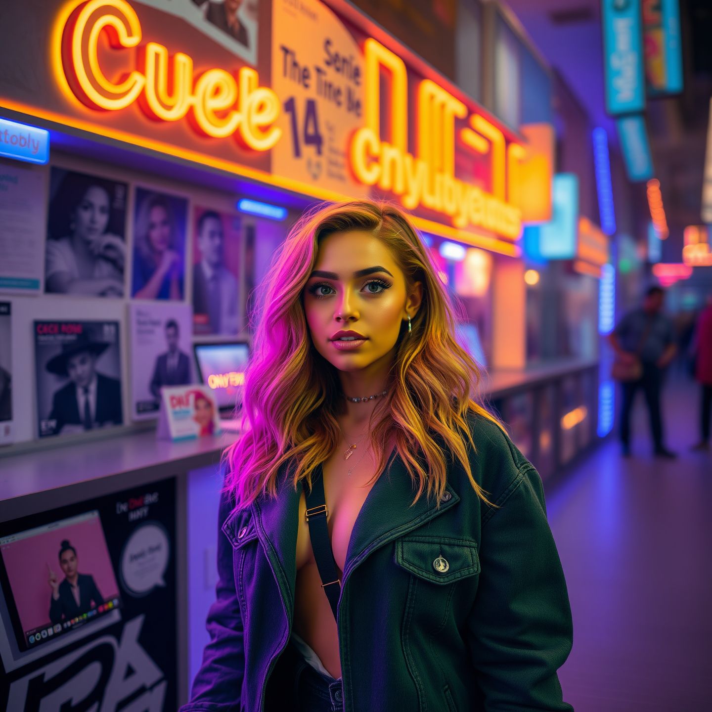 A vibrant digital world with a central figure Cece Rose portrayed as a notable online personality navigating various content platforms including OnlyFans