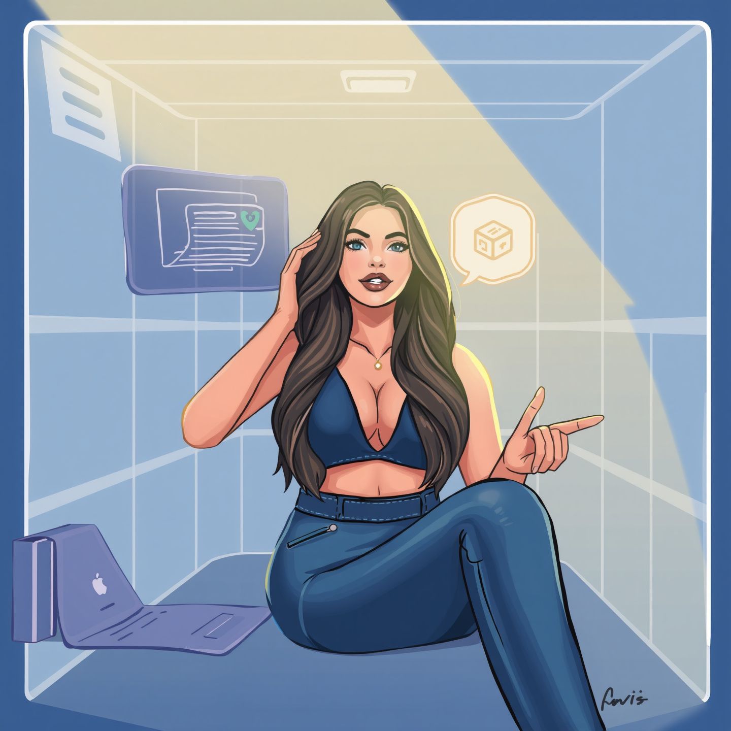 An illustration of Grace Charis within a secure and exclusive digital space representing her OnlyFans platform, where she shares personal and intimate content with subscribers, fostering a direct connection and demonstrating her autonomy as a successful digital entrepreneur