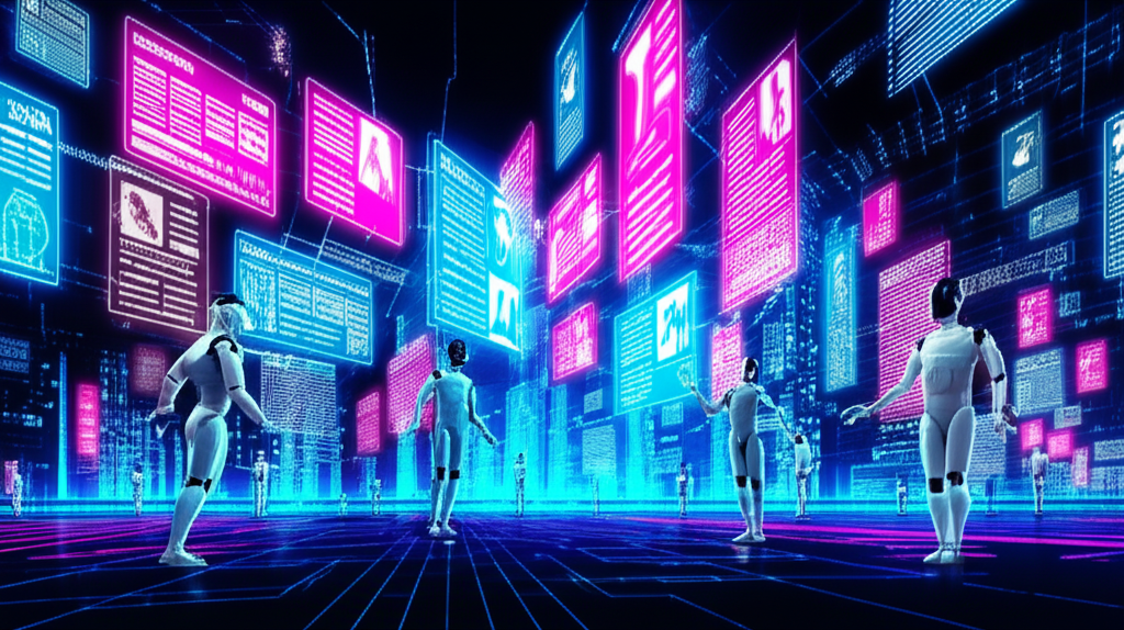 Futuristic digital landscape with AI robots creating diverse content like blog posts and marketing copy