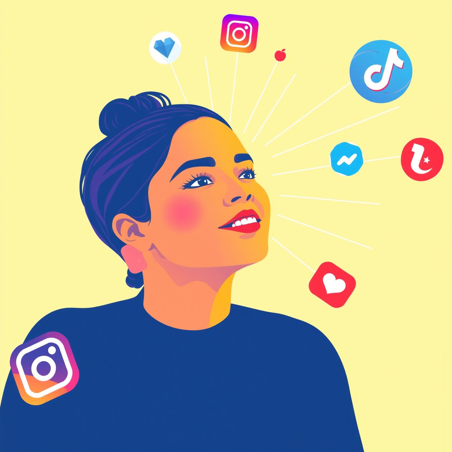 An abstract illustration of a vibrant online personality Sofia Gomez with radiating lines connecting to various social media platform icons like Instagram and TikTok symbolizing influence and growth